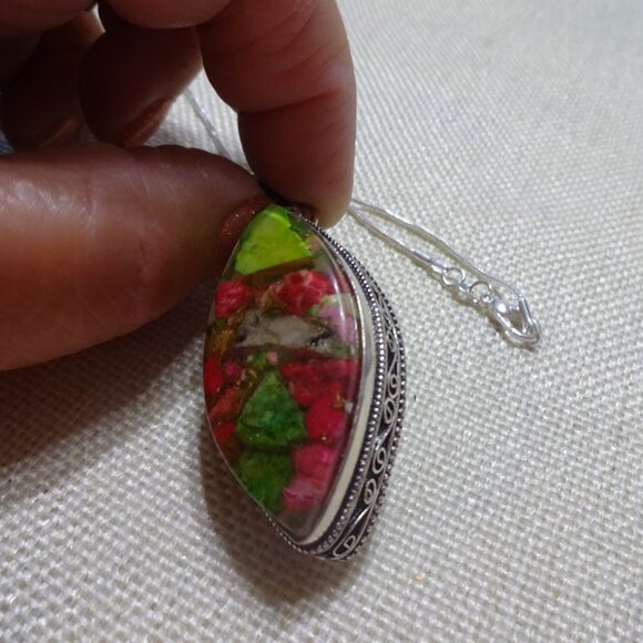 Colorful OYSTER TURQUOISE Handmade Sterling 925 Pendant/Chain #356C - Picture 3 of 3